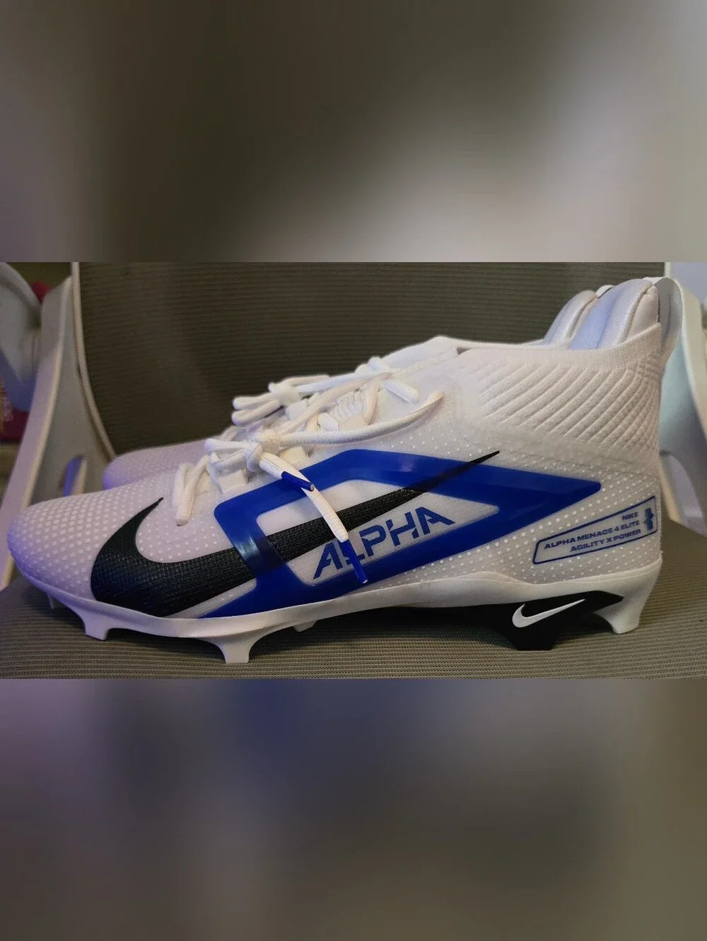 Nike Alpha Menace 4 Elite Football Cleats (Clean White/Black/Navy Blue) Size 14